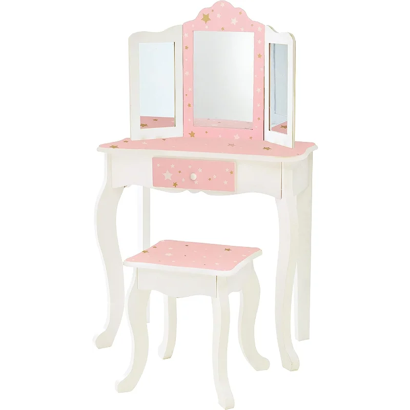 

Teamson Kids Pretend Play Kids Vanity, Table & Chair Vanity Set with Mirror, Girls Makeup Dressing Table with Storage Drawer