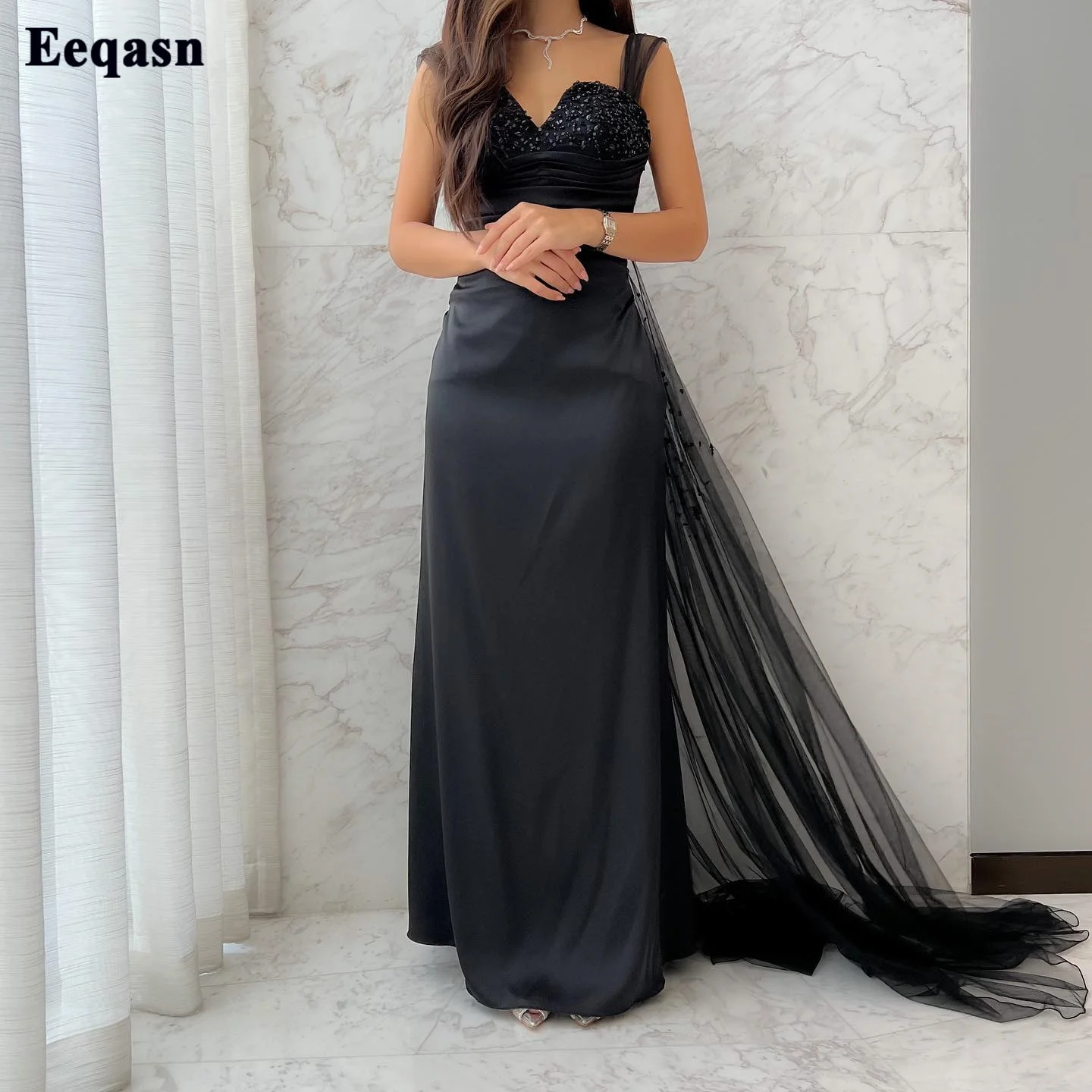 Eeqasn Black Mermaid Evening Dresses Satin Tulle Bow Beaded Saudi Arabic Women Formal Party Gowns Elegant Prom Occasion Dress
Eeqasn Black Mermaid Evening Dresses Satin Tulle Bow Beaded Saudi Arabic Women Formal Party Gowns Elegant Prom Occasion Dress