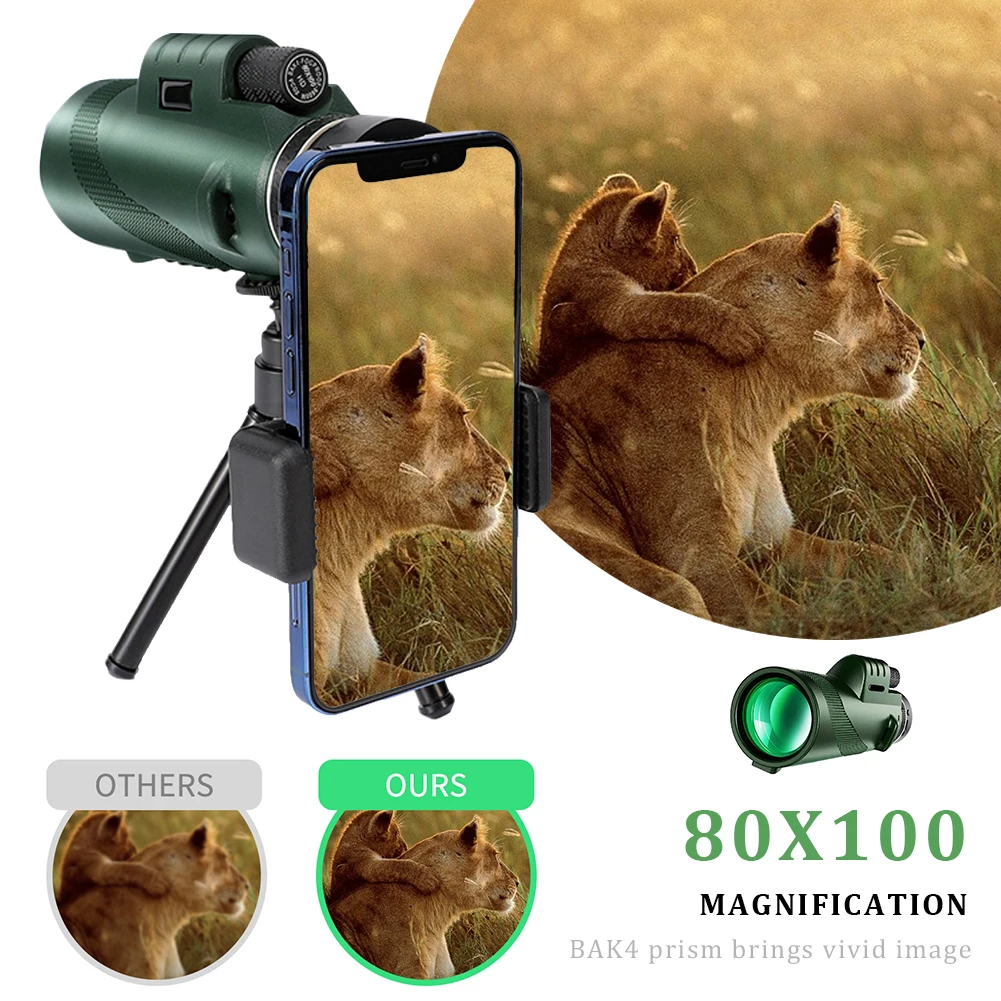 80X100 Monocular Professional Telescope With Tripod Phone Clip Low Light HD Telescope for Outdoor Bird Watching Camping Tourism
80X100 Monocular Professional Telescope With Tripod Phone Clip Low Light HD Telescope for Outdoor Bird Watching Camping Tourism