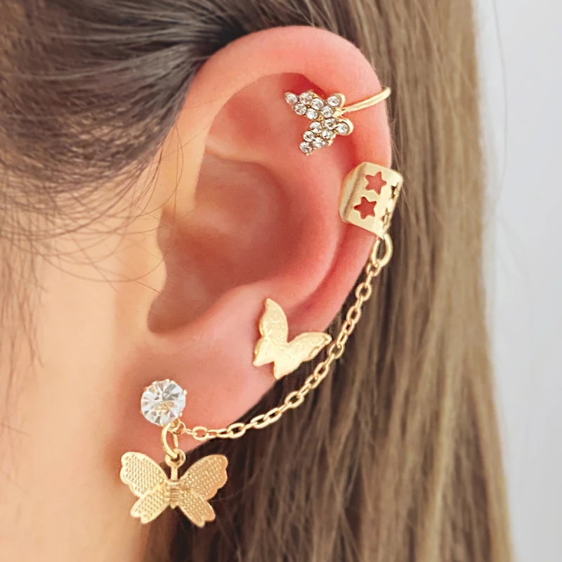 

4 Piece Set Gold Color Butterfly Chain Stud Earrings New Shiny Rhinestones Without Pierced Ear Cuffs Women's Party Jewelry