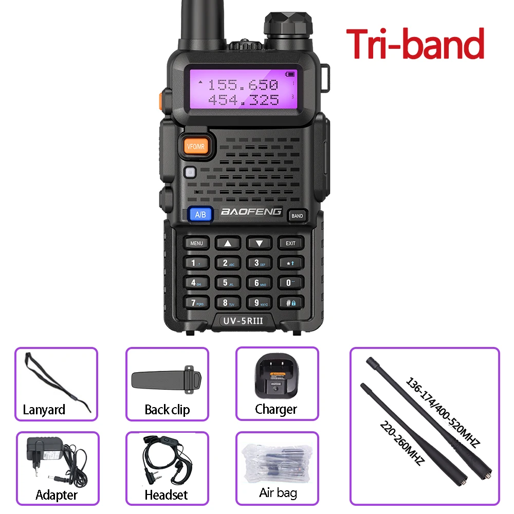 UV-5R III Tri-band 220-260Mhz 5W Walkie Talkie Portable CB Ham Two Way Radio HF Transceiver UV- 5RX3 Two Antennas
UV-5R III Tri-band 220-260Mhz 5W Walkie Talkie Portable CB Ham Two Way Radio HF Transceiver UV- 5RX3 Two Antennas