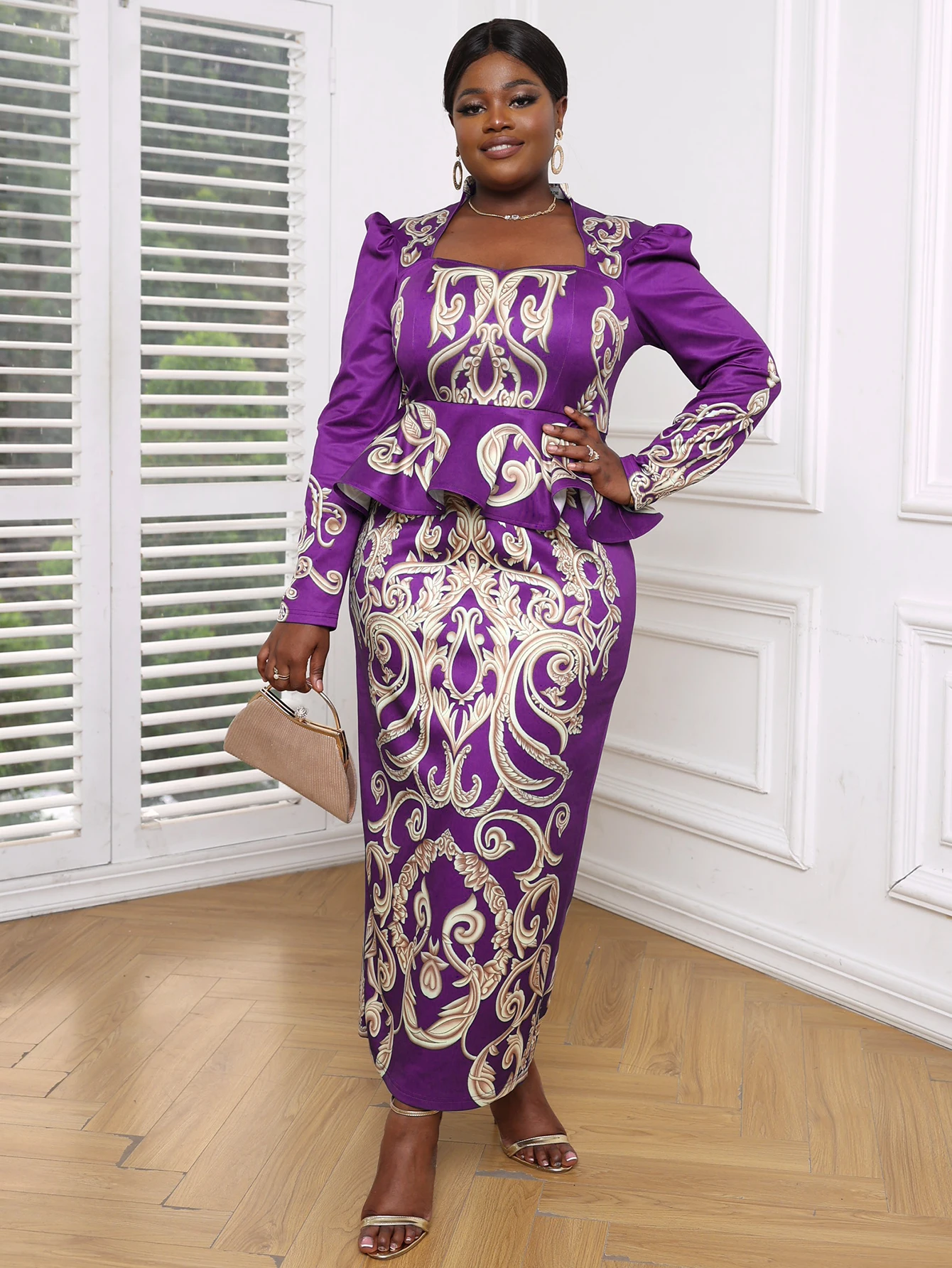 Printed Long Dress for Women Purple Square Collar Long Sleeve High Waist Peplum Package Hip Ankle Length Evening Party Outfits
Printed Long Dress for Women Purple Square Collar Long Sleeve High Waist Peplum Package Hip Ankle Length Evening Party Outfits