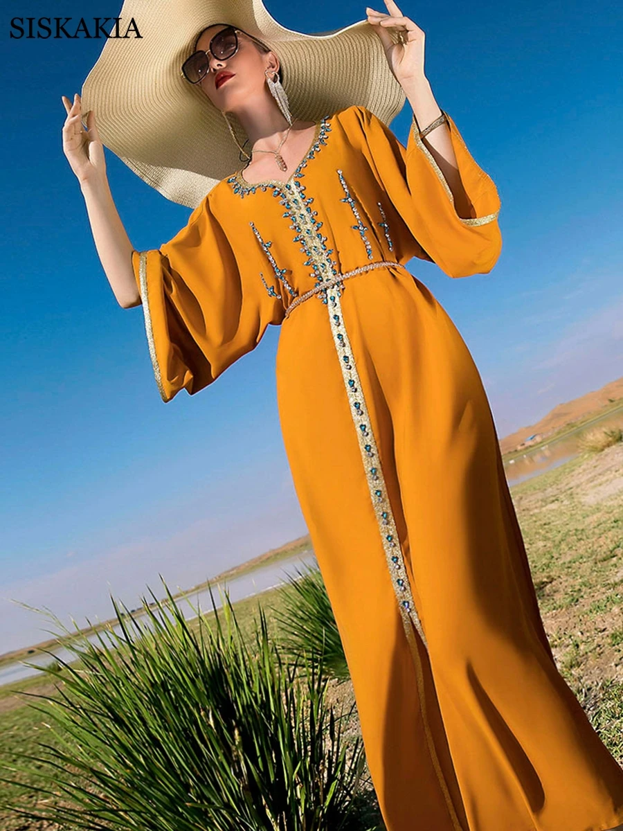

Hand-Sewn Diamond Dubai Dress Orange Rhinestones Golden Ribbon V Neck Raglan Long Sleeve Moroccan Caftan Loose Traval Abaya Eid