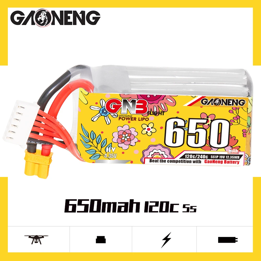 Gaoneng GNB 5S1P 650mAh 19.0V 120C/240C HV Lipo Battery With XT30 XT60 Plug For FPV Racing Drone RC Quadcopter Helicopter Parts
Gaoneng GNB 5S1P 650mAh 19.0V 120C/240C HV Lipo Battery With XT30 XT60 Plug For FPV Racing Drone RC Quadcopter Helicopter Parts