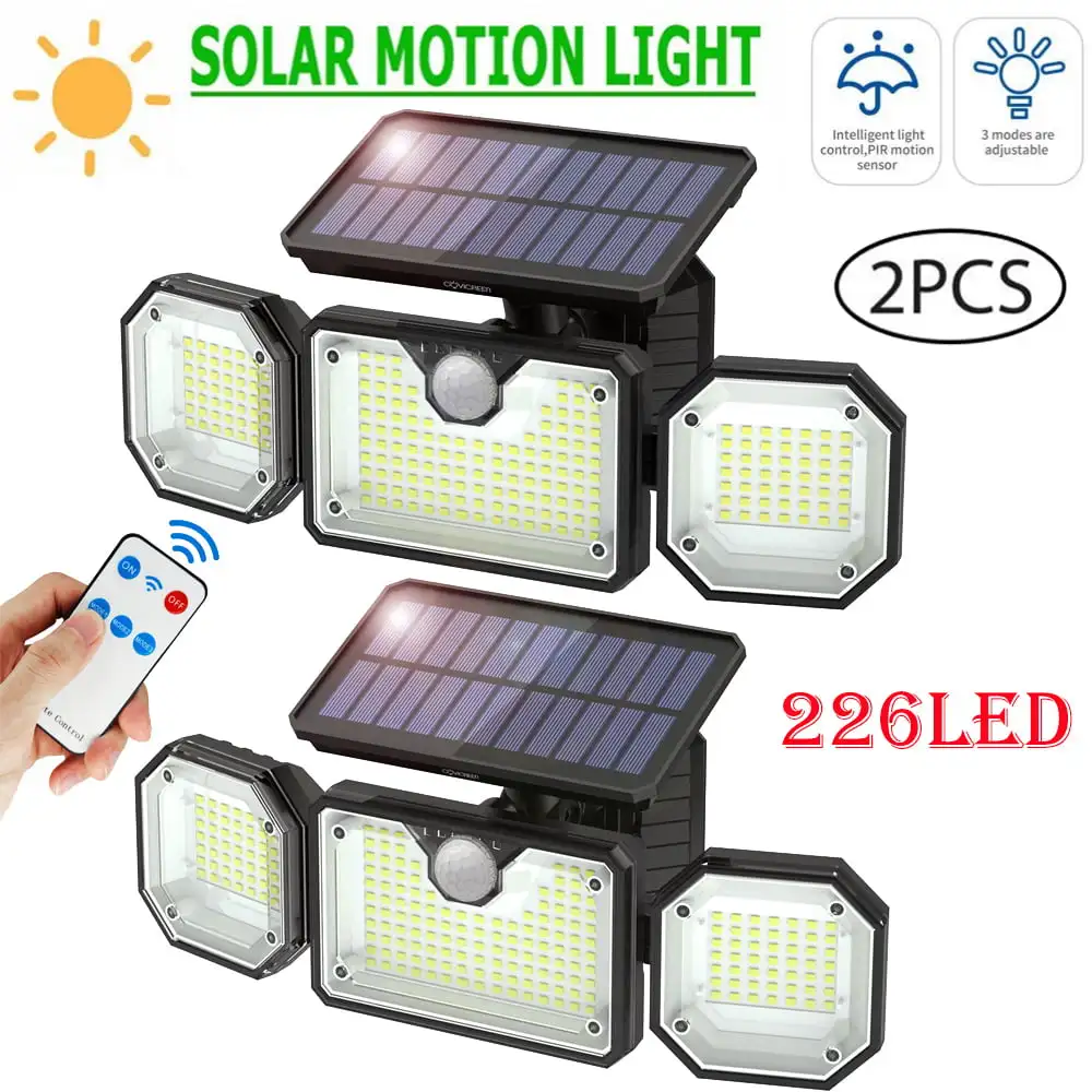 2 Pack Solar Lights Outdoor Solar Flood Light 226LED 6500K LED Solar Motion Sensor Lights with 3 Adjustable Heads with 360° Wid
2 Pack Solar Lights Outdoor Solar Flood Light 226LED 6500K LED Solar Motion Sensor Lights with 3 Adjustable Heads with 360° Wid