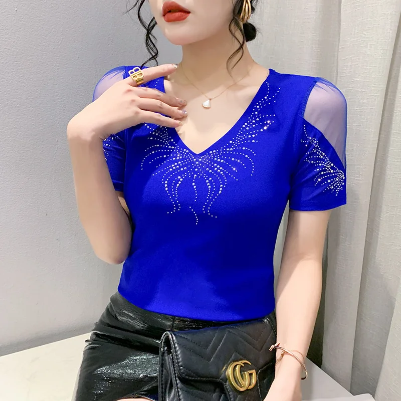 #7405 Summer Mesh T Shirt Women V-neck Diamonds Sexy Office Off Shoulder T Shirt Female Short Sleeve Thin Elastic Hollow Out
#7405 Summer Mesh T Shirt Women V-neck Diamonds Sexy Office Off Shoulder T Shirt Female Short Sleeve Thin Elastic Hollow Out