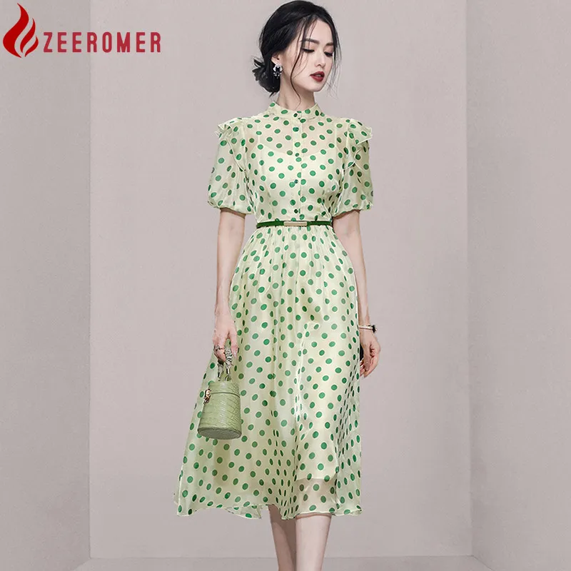 2022 Summer Elegant Polka Dot Organza Shirt Dress High Quality Women Stand Collar Lantern Sleeve Ruffle Party Midi Dress + Belt
2022 Summer Elegant Polka Dot Organza Shirt Dress High Quality Women Stand Collar Lantern Sleeve Ruffle Party Midi Dress + Belt