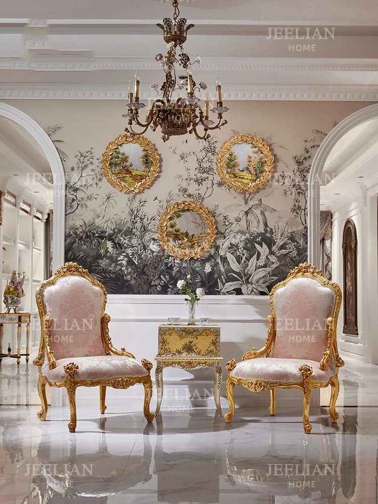 

Романтическое французское кресло для отдыха из цельной древесины с золотой фольгой, розовое кресло в европейском стиле для роскошной спальни, индивидуальный стул