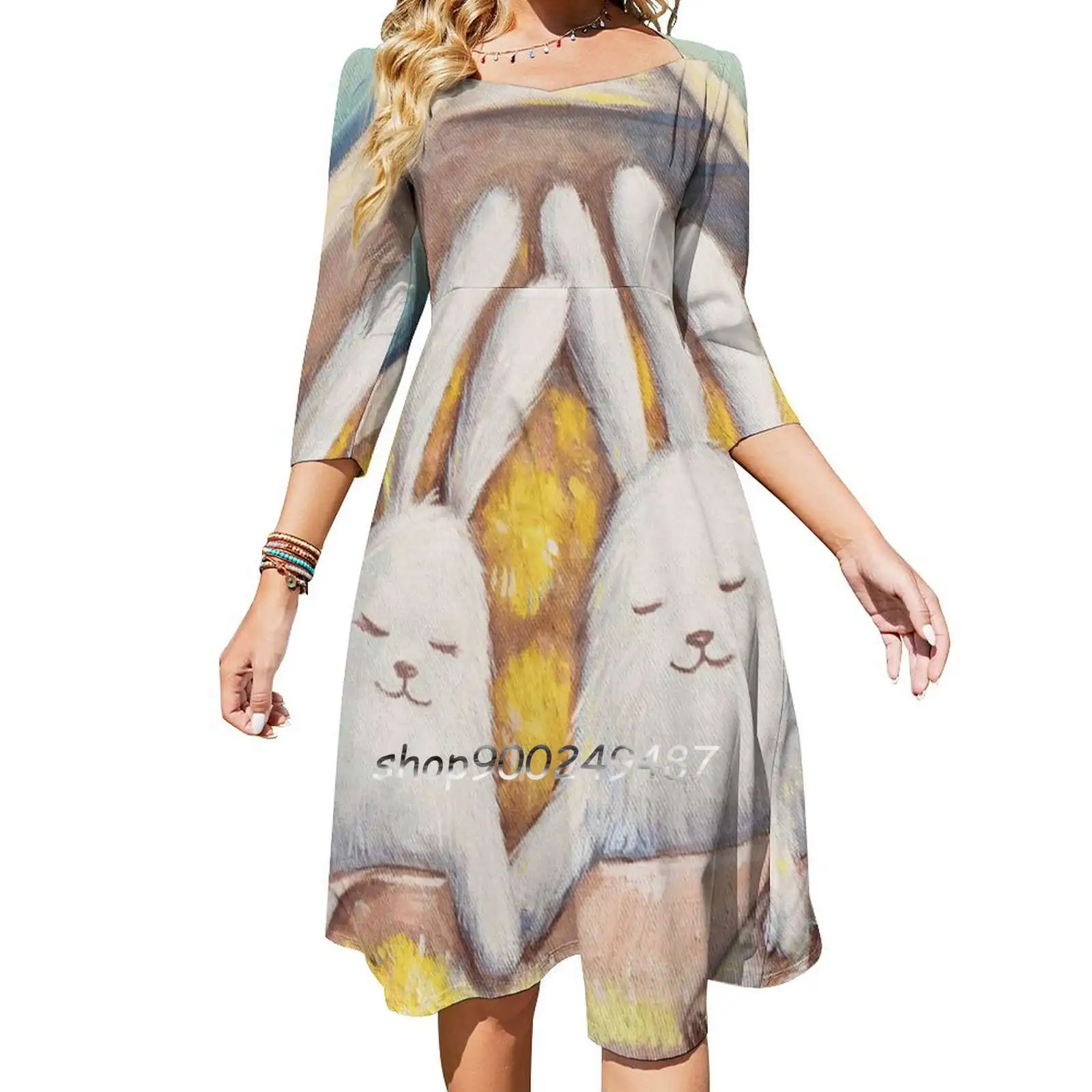 Женское облегающее платье с квадратным вырезом, кроликами и одуванчиками 
Женское облегающее платье с квадратным вырезом, кроликами и одуванчиками