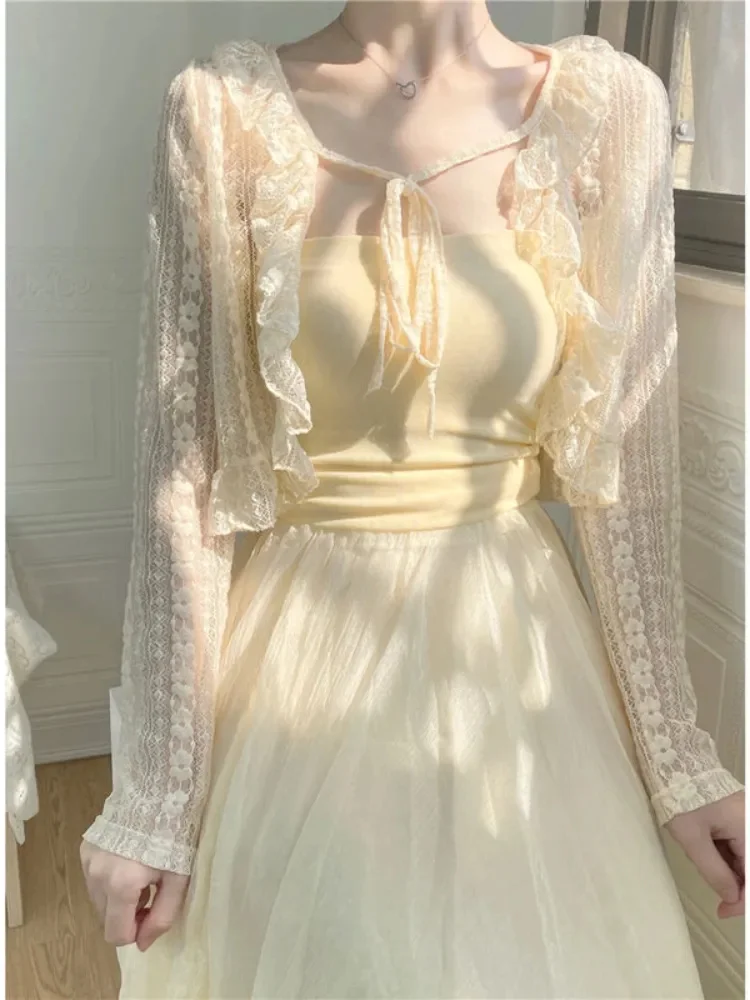 Summer Apricot Lace Belt Women Cardigan Korean V-neck Long Sleeve Cropped Tops Sweet Slim Thin Sunscreen Jacket Female
Summer Apricot Lace Belt Women Cardigan Korean V-neck Long Sleeve Cropped Tops Sweet Slim Thin Sunscreen Jacket Female