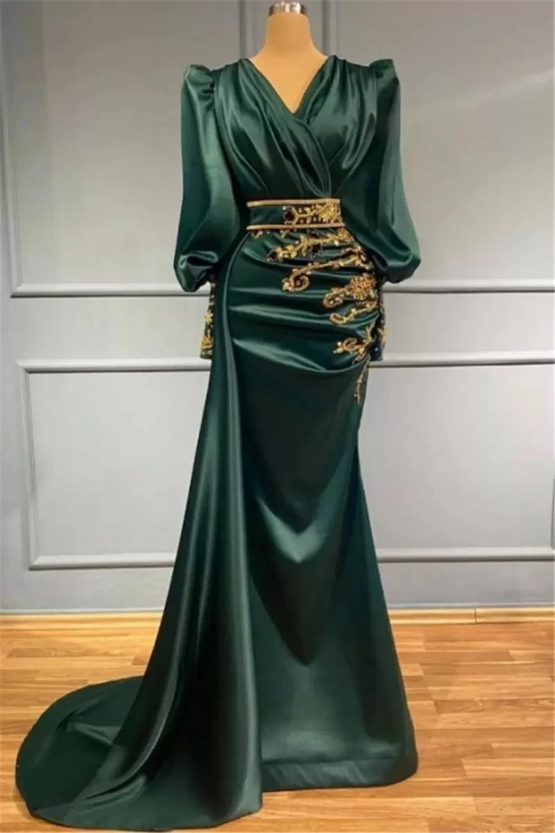 Vintage Dark Green Mermaid Evening Dresses Arabic African Gold Appliques Pleats V Neck Long Prom Formal Gowns Robe De Soiree
Vintage Dark Green Mermaid Evening Dresses Arabic African Gold Appliques Pleats V Neck Long Prom Formal Gowns Robe De Soiree