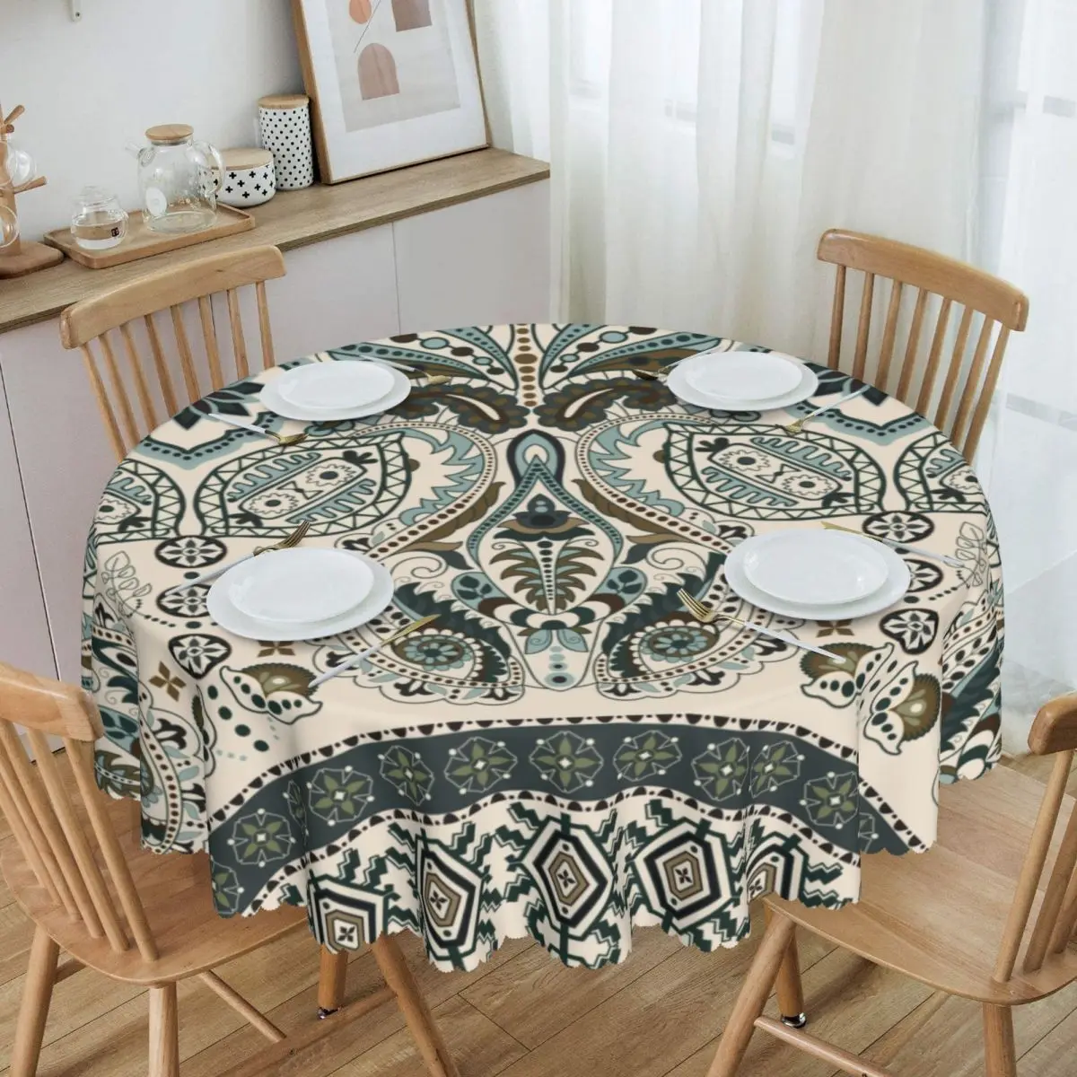 

Round Waterproof Bright Paisley Bohemian Floral Texture Table Cover Boho Tablecloth for Picnic 60 inch Table Cloth
