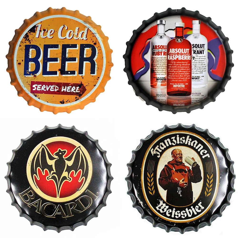 

42CM Beer Bottle Cap Retro Plaque Metal Tin Signs Cafe Bar Pub Signboard Wall Decor Vintage Nostalgia Round Plates Art Poster