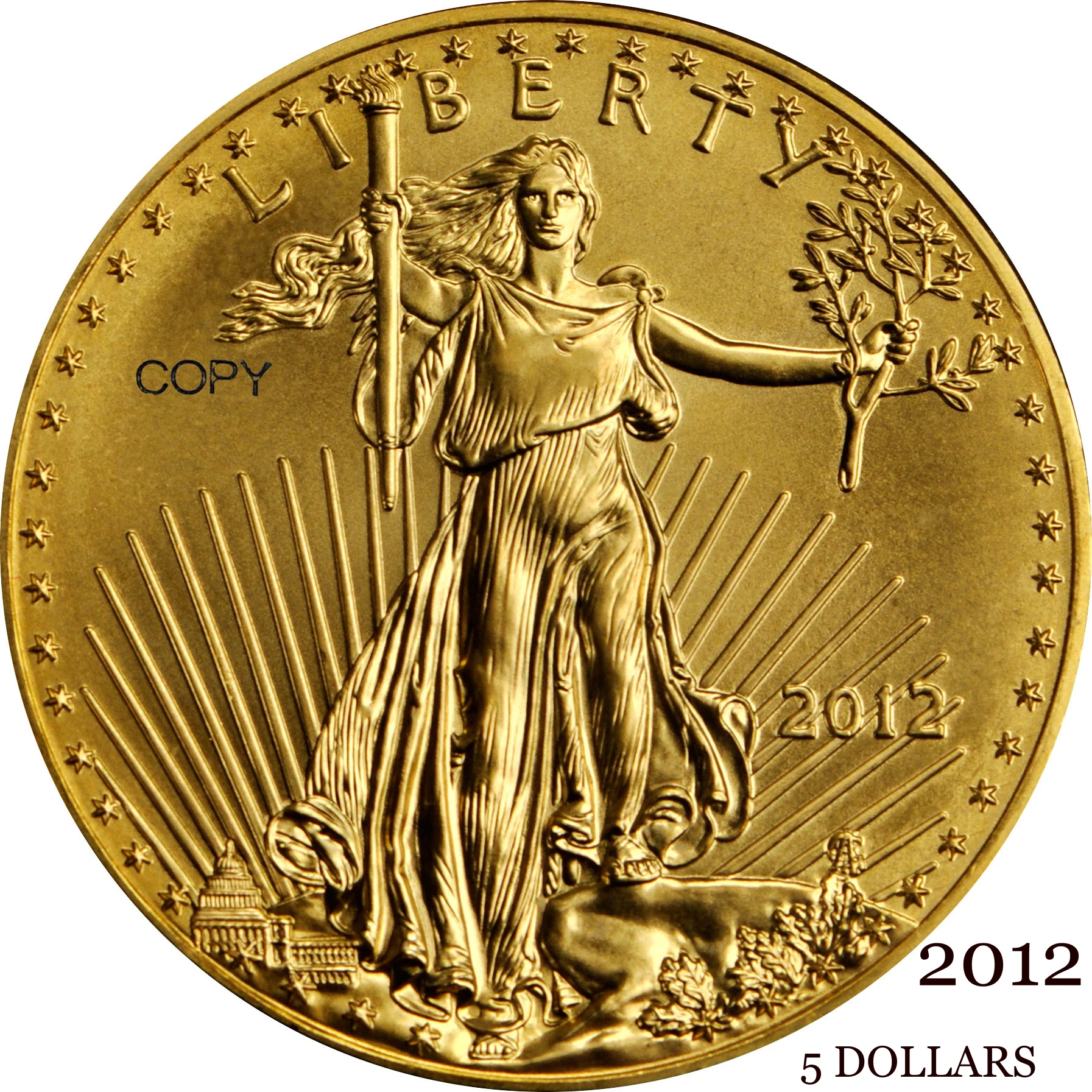 United States 2012 5 Five Dollars 1/10 ounce American Gold Eagle Bullion Coinage USA Liberty Brass Metal Copy Coin
United States 2012 5 Five Dollars 1/10 ounce American Gold Eagle Bullion Coinage USA Liberty Brass Metal Copy Coin