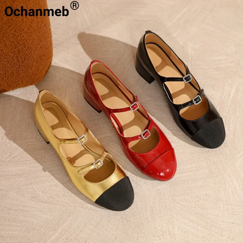 

Ochanmeb женские Туфли Мэри Джейн из коровьей кожи с двойной пряжкой на среднем блочном каблуке разные цвета Дизайнерская обувь с круглым носком