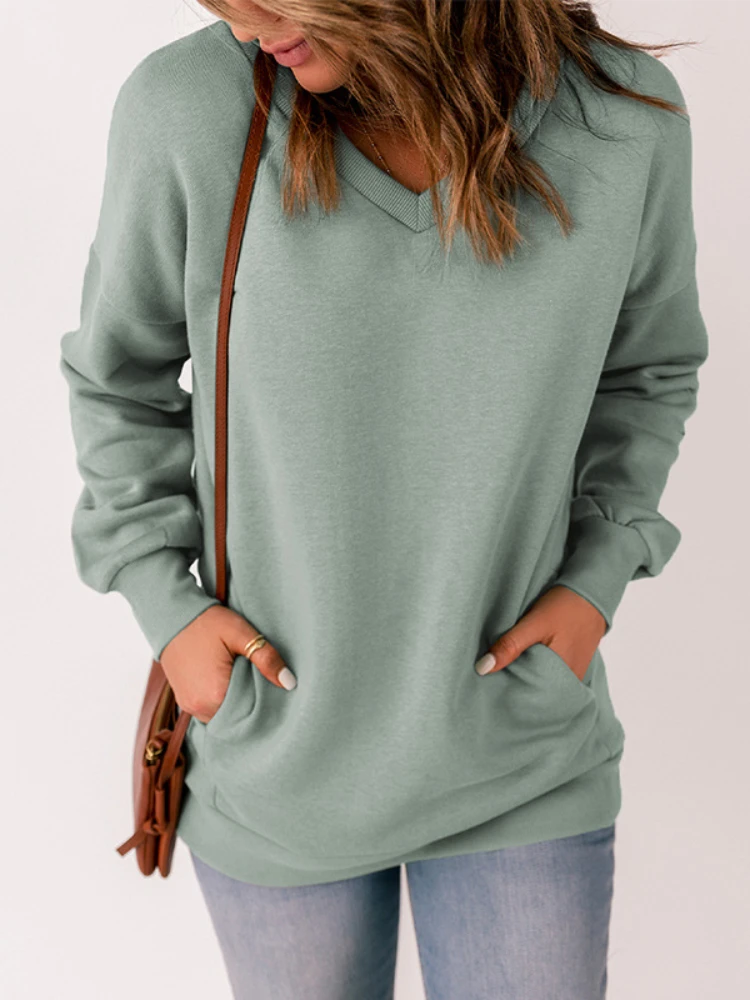 Spring and Autumn New In Solid Color Jacket Women Clothing V-neck Pocket Long Sleeve Pullover Loose Sweater Women Sweatshirt
Spring and Autumn New In Solid Color Jacket Women Clothing V-neck Pocket Long Sleeve Pullover Loose Sweater Women Sweatshirt