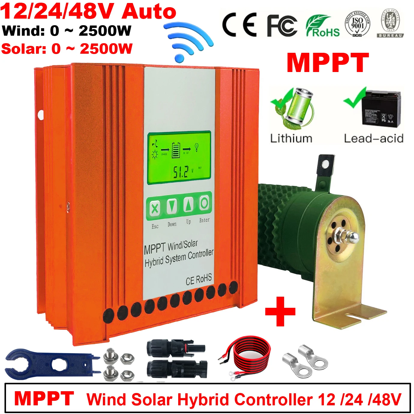 12V 24V 48V 5000W Wind Solar Hybrid Charge Controller, MPPT Charge for Solar Panel Wind Turbine, for Lithium Lead Acid Battery
12V 24V 48V 5000W Wind Solar Hybrid Charge Controller, MPPT Charge for Solar Panel Wind Turbine, for Lithium Lead Acid Battery
