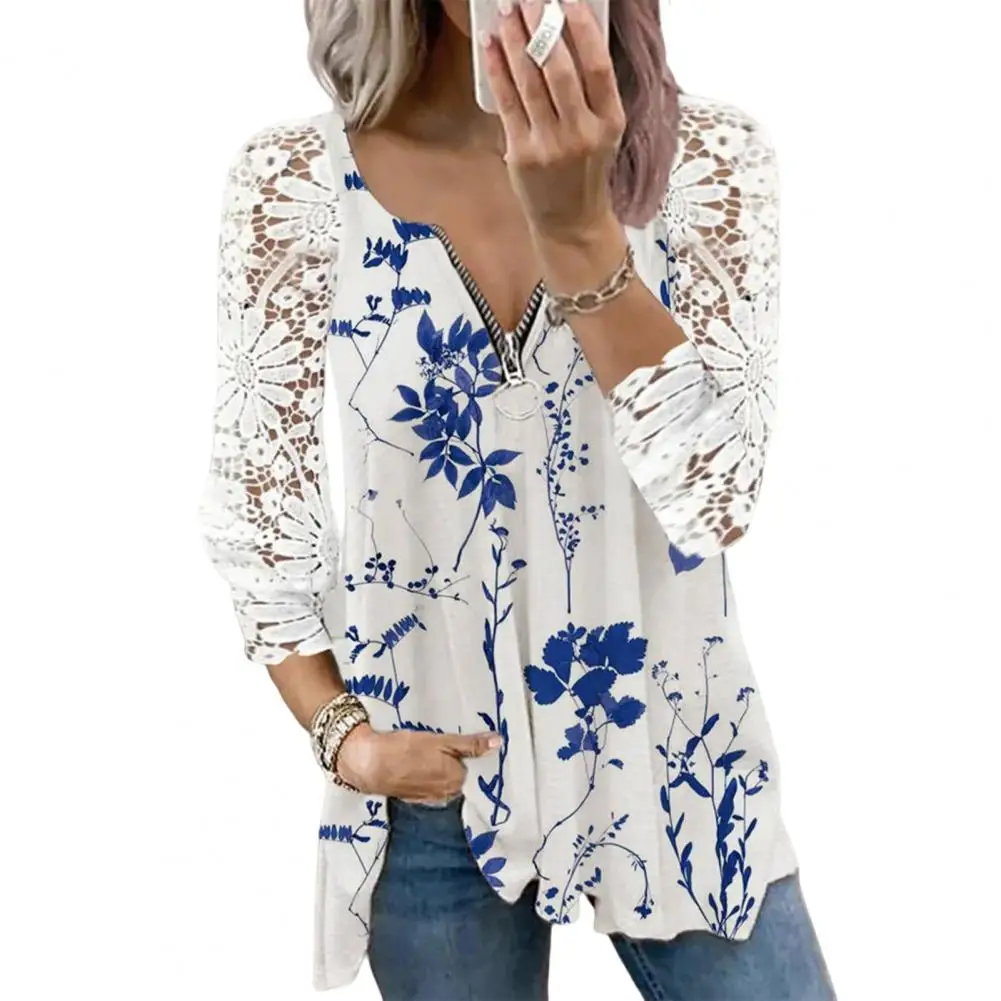 Women Blouse V-neck Zipper Neckline Crochet Floral Lace Puff Long Sleeve Women Tops Summer Floral Print Loose Tunic Shirt
Women Blouse V-neck Zipper Neckline Crochet Floral Lace Puff Long Sleeve Women Tops Summer Floral Print Loose Tunic Shirt