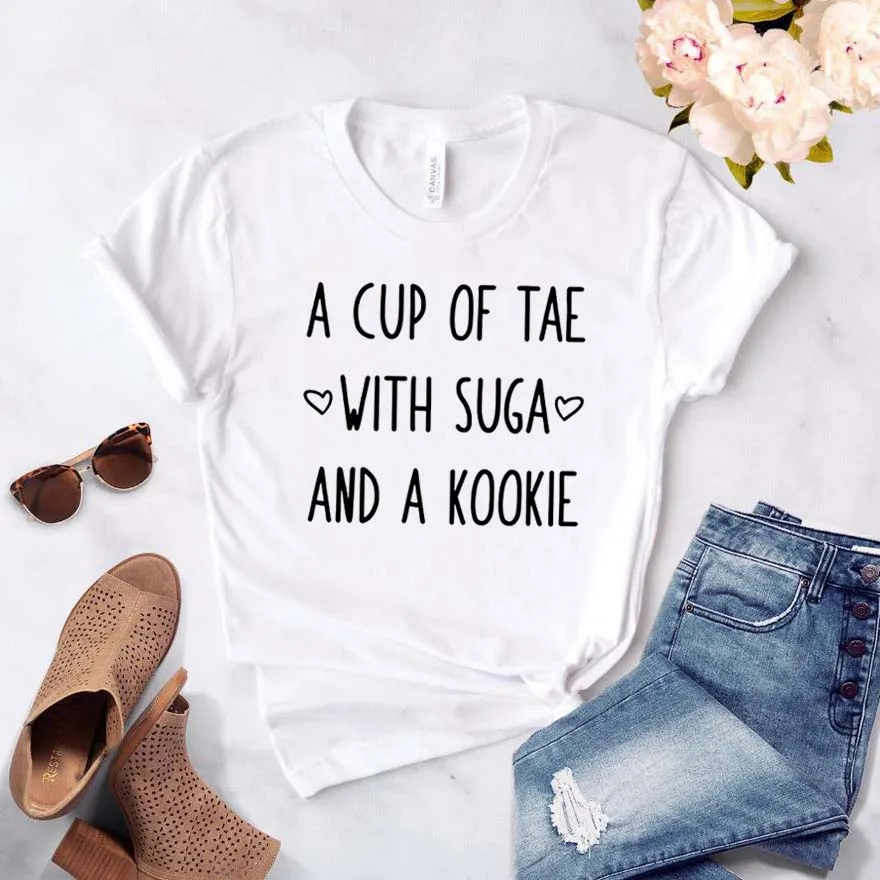 A CUP OF TAE WITH Suga AND A Kookie Funny Cute Summer Cotton T-shirts 2022 Ladies Causal Regular Tees Shirts Tops
A CUP OF TAE WITH Suga AND A Kookie Funny Cute Summer Cotton T-shirts 2022 Ladies Causal Regular Tees Shirts Tops