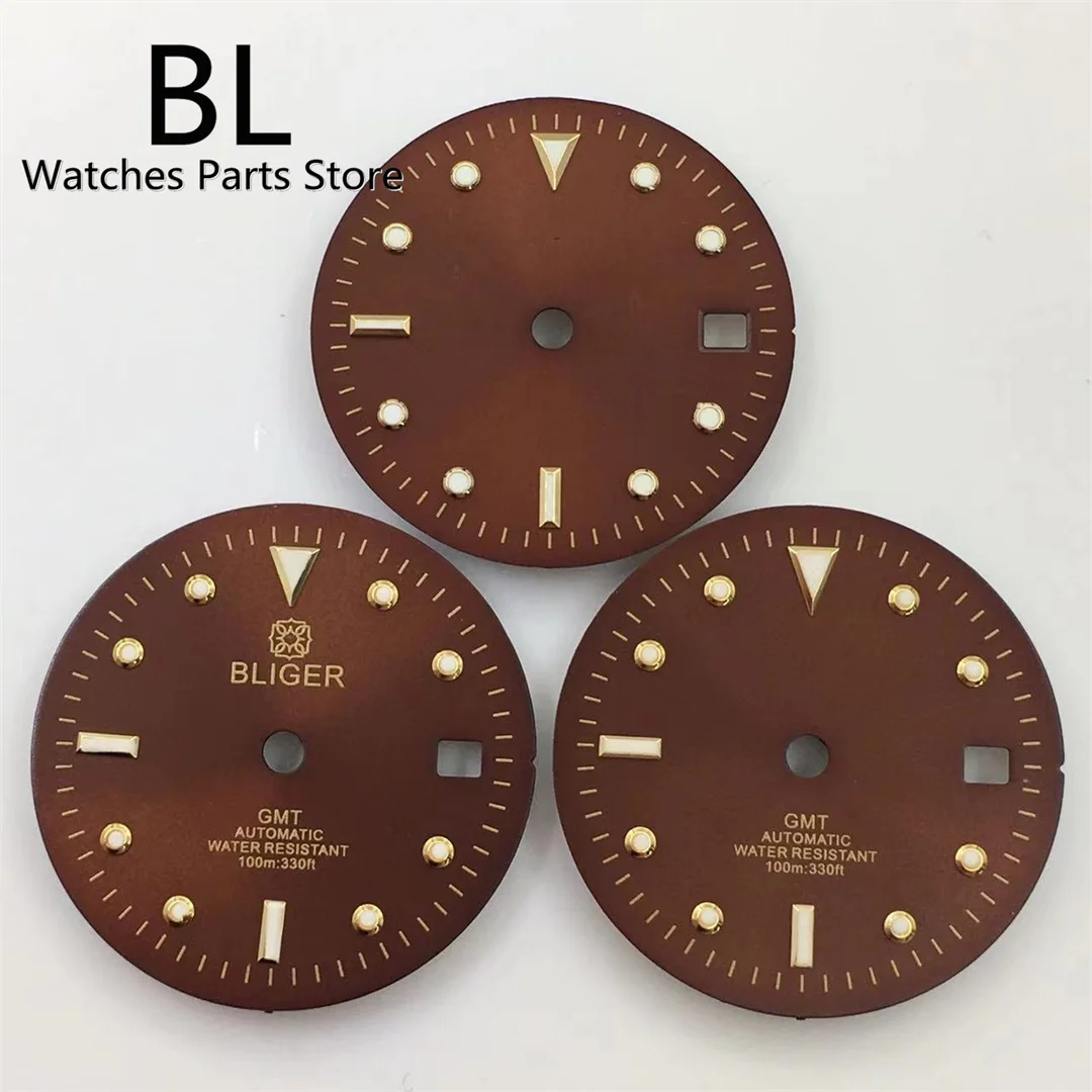 

BLIGER 28.5mm Sterile Brown Watch Dial Green Luminous Fit NH34 NH35 ETA Miyota PT5000 Movement Date Function At 3 O'clock