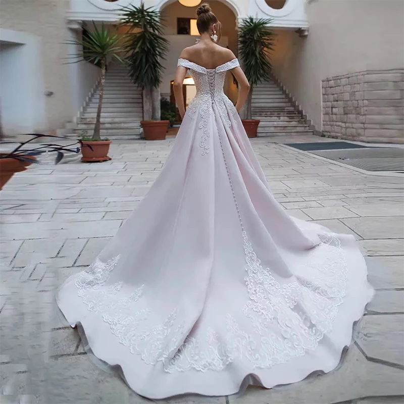 Pink Elegant Wedding Dresses Satin Princess Sweetheart Off Shoulder Bridal Dress Lace Up Appliques Custom Made Vestido De Noiva
Pink Elegant Wedding Dresses Satin Princess Sweetheart Off Shoulder Bridal Dress Lace Up Appliques Custom Made Vestido De Noiva