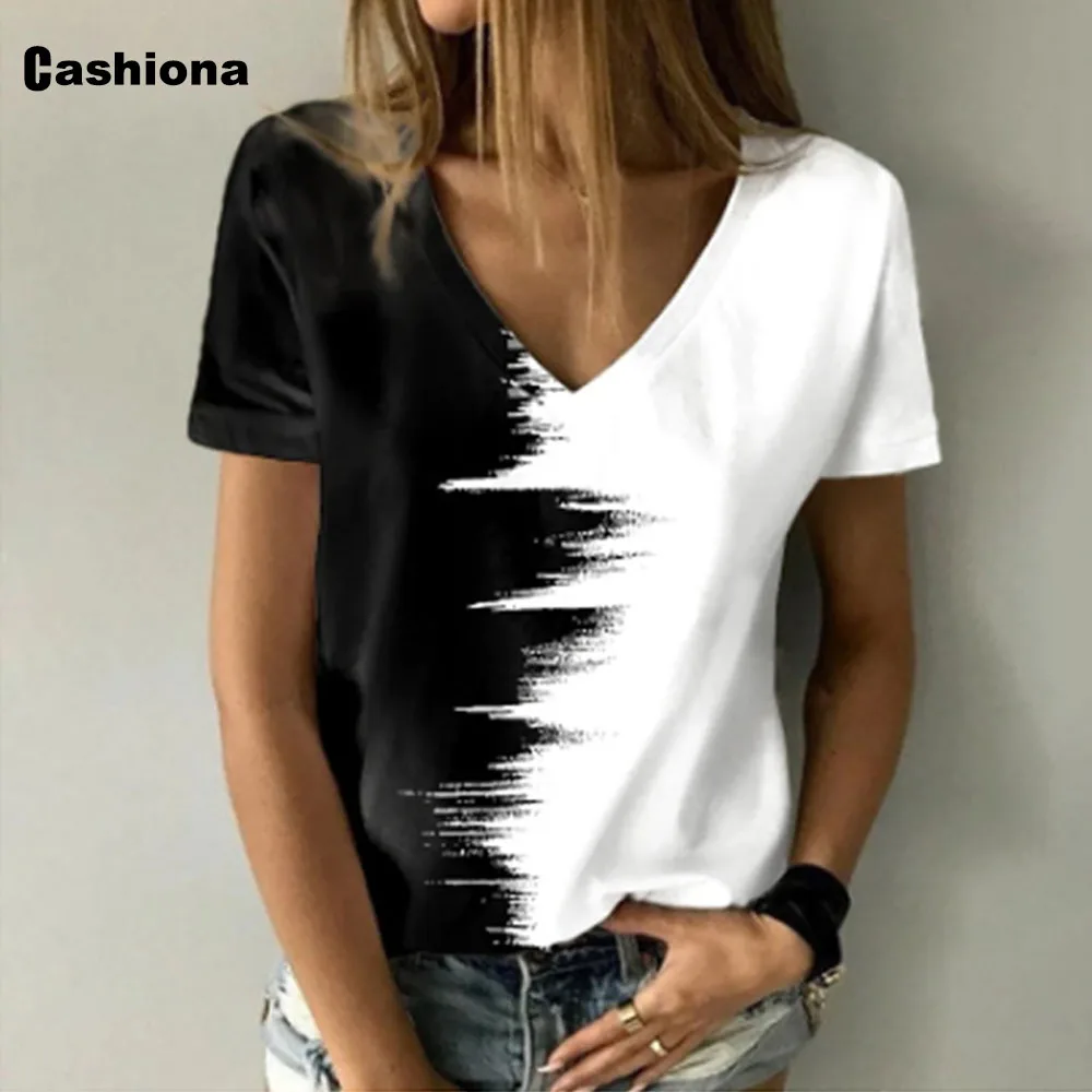 

Cashiona Women Fashion Pullovers Patchwork T-shirt 2022 Summer New Casual Printed Tees Shirt Women's Basic Top Clothing Size 5XL