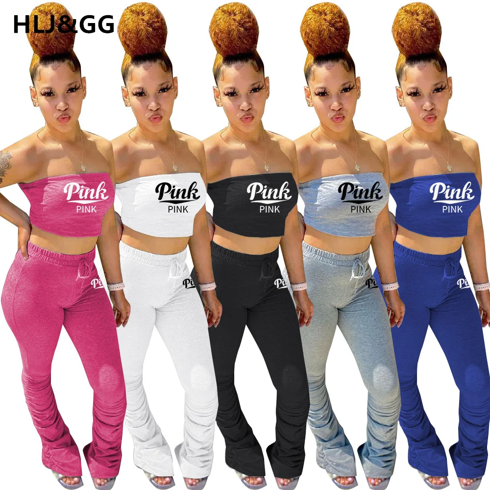 

HLJ&GG Summer Sleeveless Strapless Crop Top Two Piece Set Pink Letter Print Tracksuit Casual Sport Long Jogger 2pcs Outfits 2022