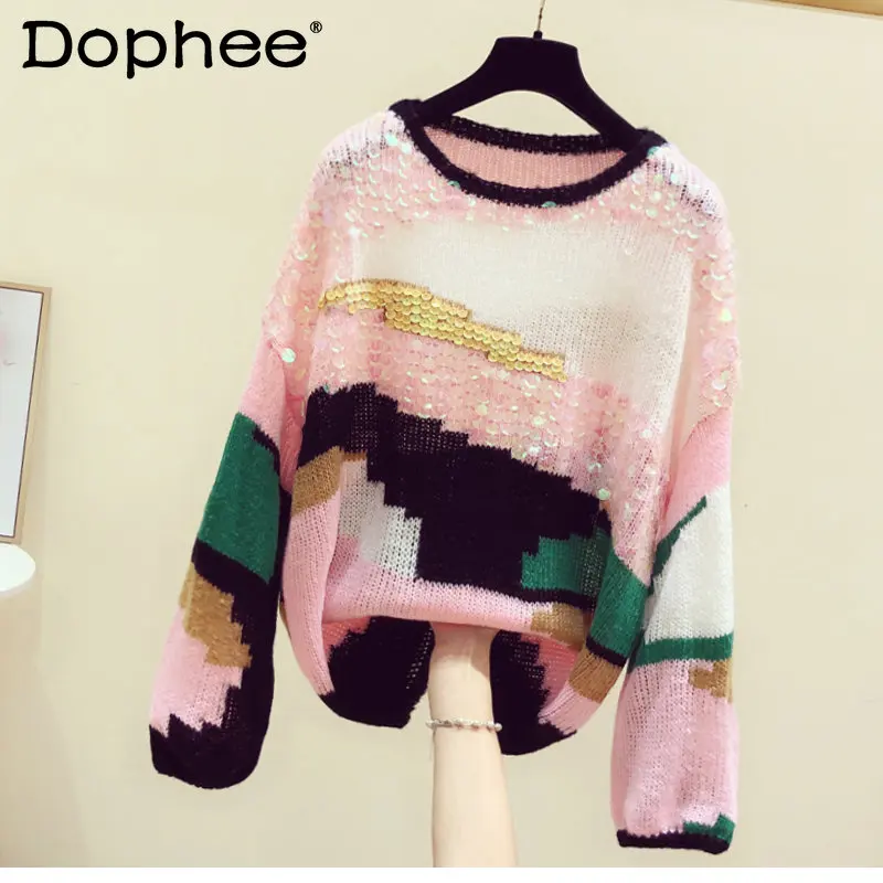 Heavy Embroidery Sequins Sweater Women's Street Patchwork Knitwear Spring Autumn New Korean Style Long Sleeve Loose Pullover 
Heavy Embroidery Sequins Sweater Women's Street Patchwork Knitwear Spring Autumn New Korean Style Long Sleeve Loose Pullover
