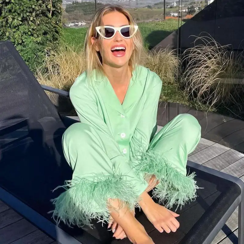 Spring New Women's Pajamas Sets Sexy Green Feather Pyjamas Women Long Sleeve Shirt&Pant 2PC Sleepwear Pijama Casual Home Suit
Spring New Women's Pajamas Sets Sexy Green Feather Pyjamas Women Long Sleeve Shirt&Pant 2PC Sleepwear Pijama Casual Home Suit