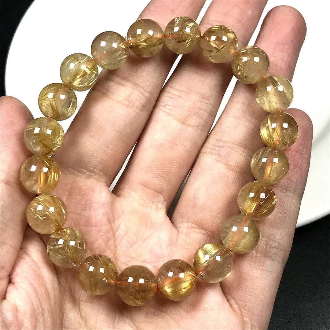 

10mm Natural Gold Rutilated Quartz Bracelet Jewelry For Women Lady Men Healing Wealth Gift Crystal Round Beads Strands AAAAA