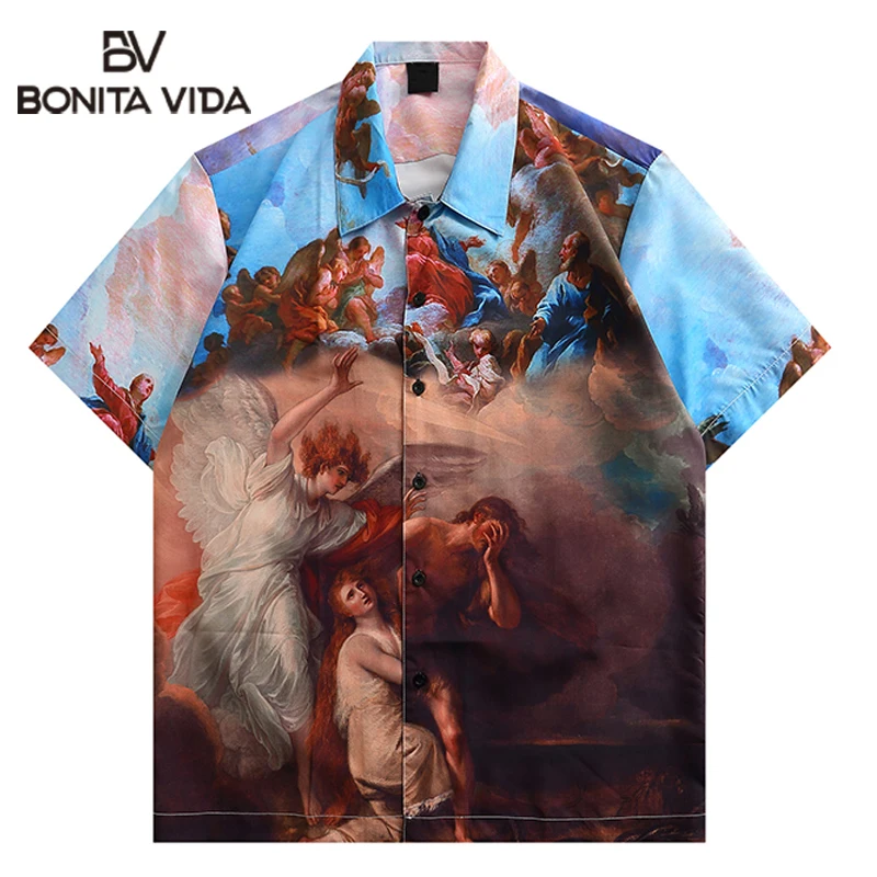 Рубашка мужская с коротким рукавом, свободная уличная одежда в стиле ретро, с масляной росписью, повседневный топ с лацканами, Гавайский сти... 
Рубашка мужская с коротким рукавом, свободная уличная одежда в стиле ретро, с масляной росписью, повседневный топ с лацканами, Гавайский сти...