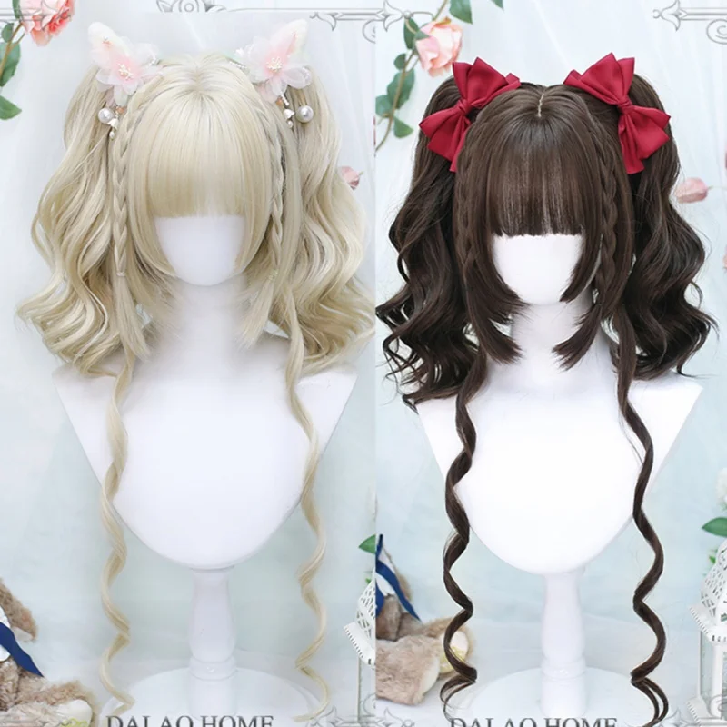 

synthetic Blonde long straight hair braid wig female double ponytail synthetic wig girl black cosplay Lolita bangs wig