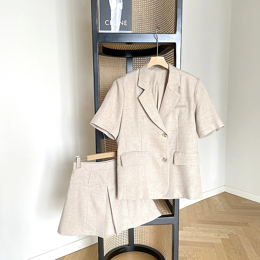 Linen Color Short Sleeve Blazer And Mini Skirt Two Piece Set for Women in Summer
Linen Color Short Sleeve Blazer And Mini Skirt Two Piece Set for Women in Summer