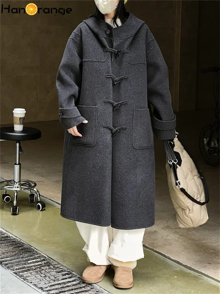 

HanOrange 2022 Winter Vintage Horn Button Double-sided Wool X-long Coat Loose Profile Overcoat Woolen Women Thick Dark Gray