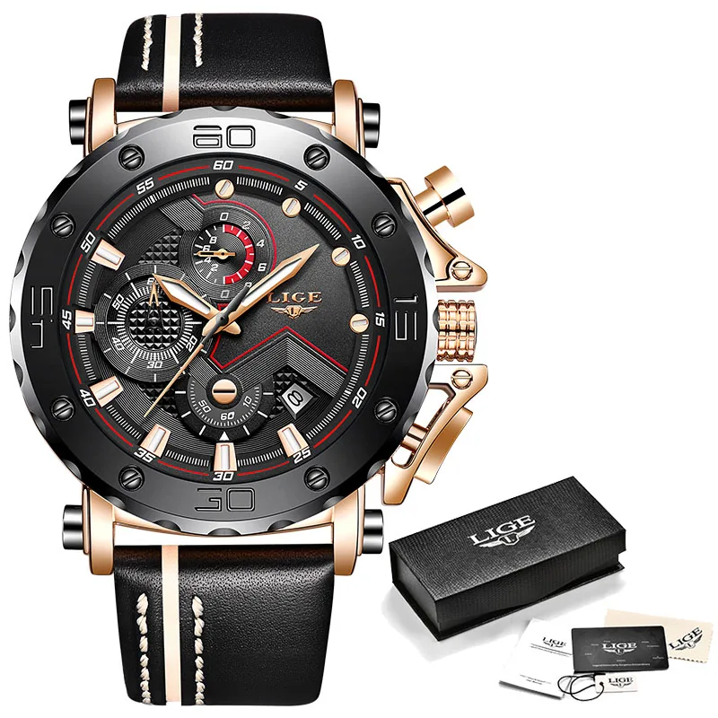 LIGE модные кожаные мужские часы с большим циферблатом Лидирующий бренд Роскошные