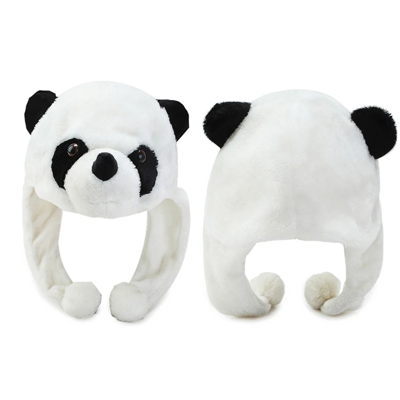 

Adult Kids Cartoon Plush Panda Hat with Pom Pom Ends Long Straps Thermal Warm Winter Caps
