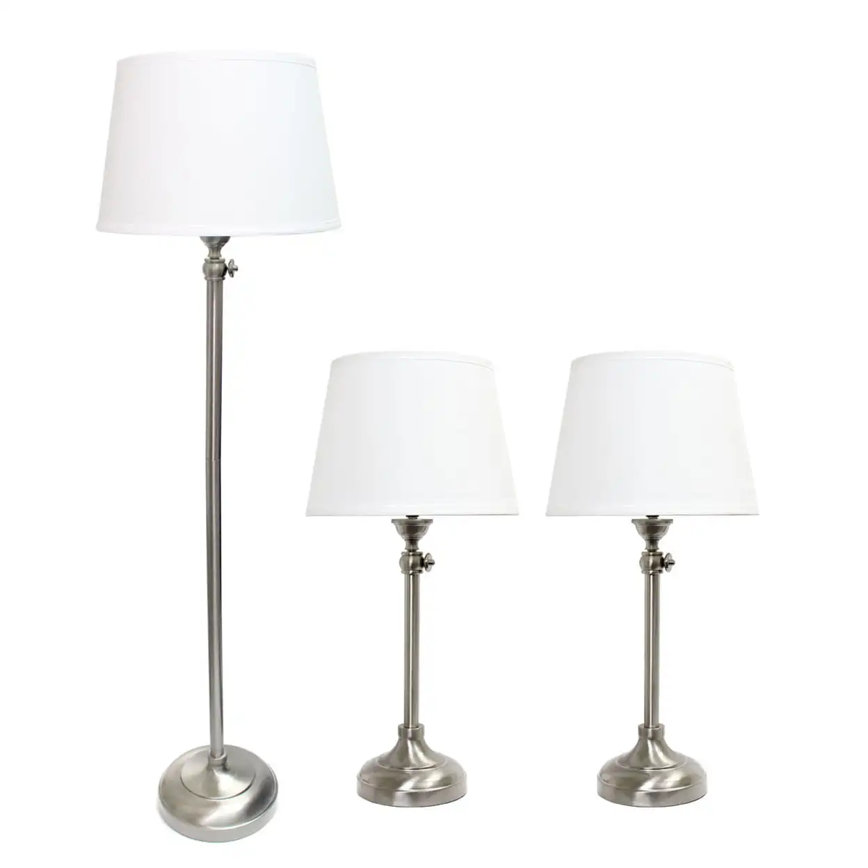 Elegant Designs Brushed Nickel Adjustable 3 Pack Lamp Set (2 Table Lamps & 1 Floor Lamp)
Elegant Designs Brushed Nickel Adjustable 3 Pack Lamp Set (2 Table Lamps & 1 Floor Lamp)
