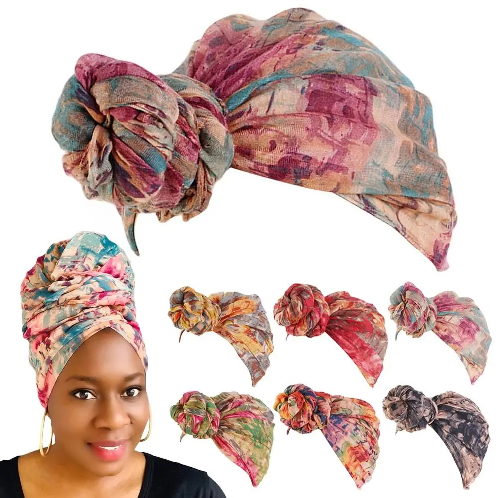 

6 Colors Make Up Headwear Hair Accessories Women Knot Headwrap African Pattern Cap Pre-Tied Knotted Turban Beanies Cap