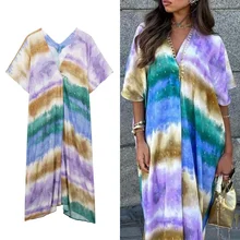TRAFZA 2023 Summer Chiffon Printed Tye Dye Women Midi Dress V Neck Batwing Short Sleeve Pullover Mid-length Womens Dresses