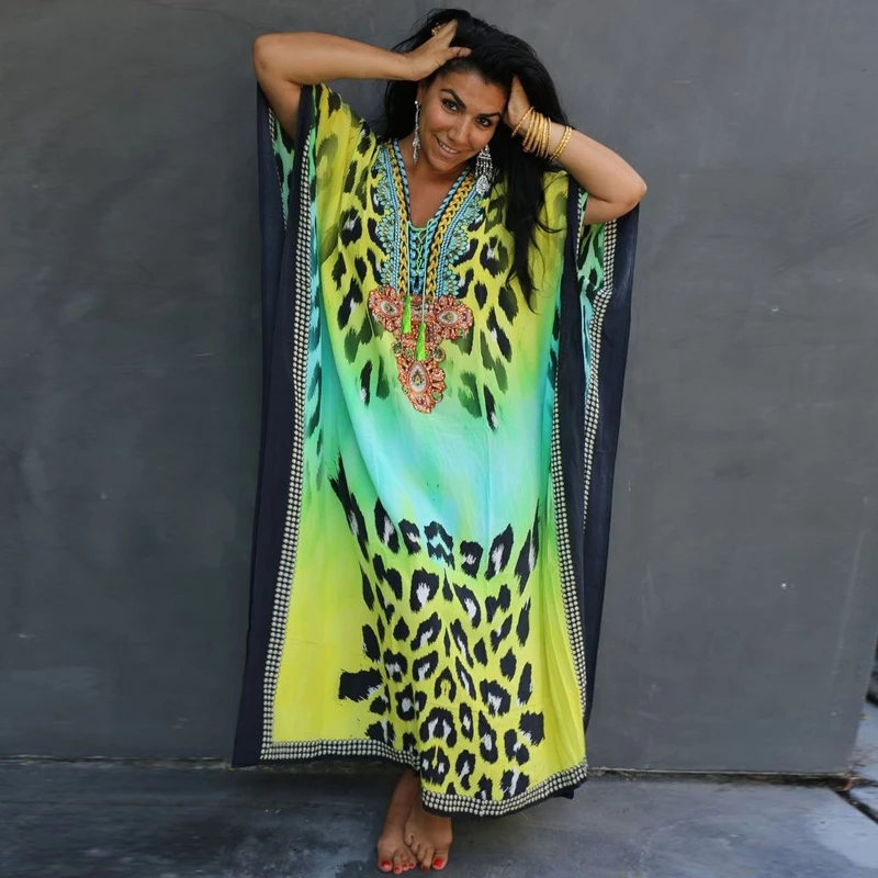 

Selva Colorful Kaftan Women Oversized Maxi Dress Bold Jungle Animal Pattern Dashiki Overall Abaya Beach Cover Up Tribal Tunic