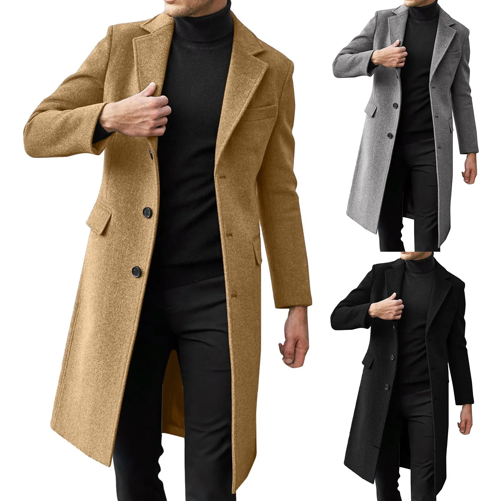 

Мужской однобортный тренчкот, винтажная теплая куртка оверсайз из смесовой шерсти с отложным воротником, рабочая деловая верхняя одежда, зима 2023