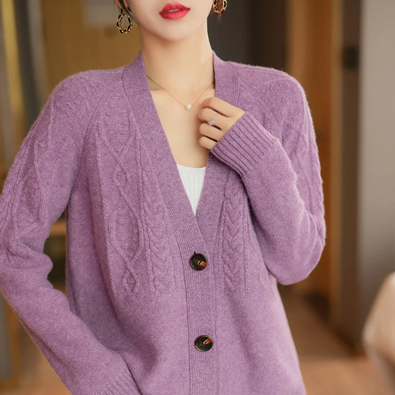 New 100% Pure Wool Cardigan Women V-Neck Knitted Sweater 2022 Fall Winter Clothes Solid Color Casual Single Breasted Jacket Tops
New 100% Pure Wool Cardigan Women V-Neck Knitted Sweater 2022 Fall Winter Clothes Solid Color Casual Single Breasted Jacket Tops