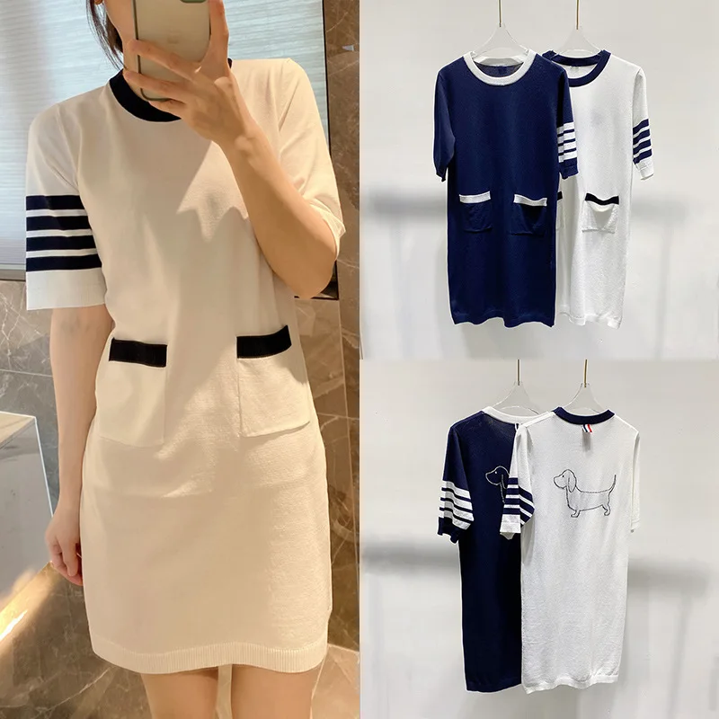 

High Quality Korean Style Summer TB Ice Silky Line Dog Dress T-shirt Dress Short Sleeve Four Bar Dog Casual Fashion Summer Knit