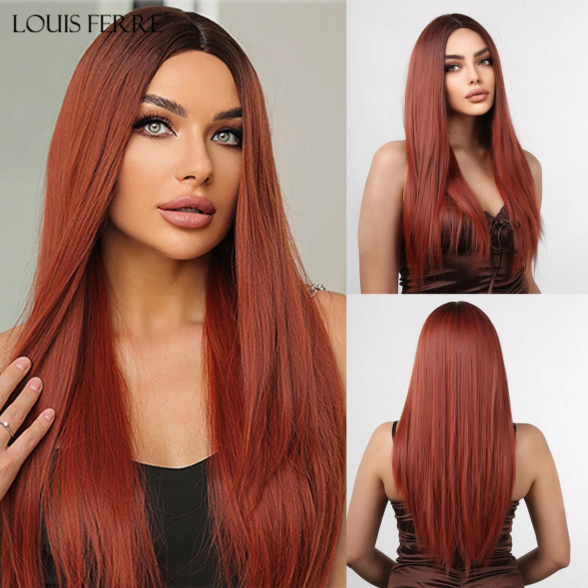 

LOUIS FERRE Long Ginger Straight Synthetic Wigs With Bangs Reddish Brown Hair Wig for Women Daily Cosplay Use Heat Resistant Wig