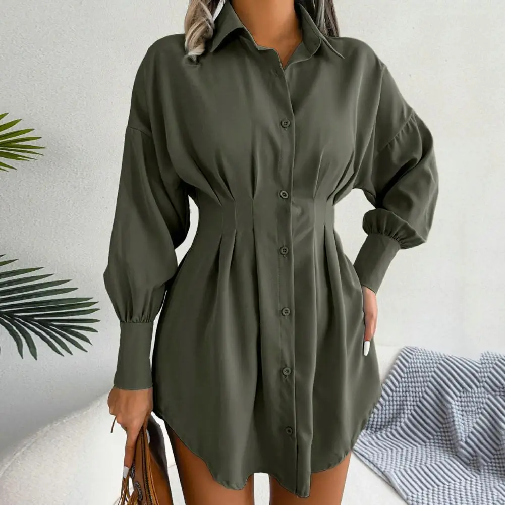 Turn-Down Collar Single Breasted Women Shirt Lantern Long Sleeve Pleated Waist Tight Asymmetric Dress Shirt Ladies Clothing 
Turn-Down Collar Single Breasted Women Shirt Lantern Long Sleeve Pleated Waist Tight Asymmetric Dress Shirt Ladies Clothing