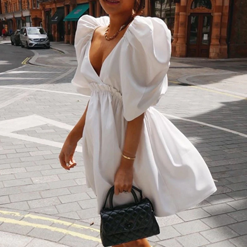 Elegant Blue White Sexy Deep Female V-Neck Dress Half Puff Sleeve Casual Mini Dress Summer 2021 Women A Line Vestidos Aesthetic
Elegant Blue White Sexy Deep Female V-Neck Dress Half Puff Sleeve Casual Mini Dress Summer 2021 Women A Line Vestidos Aesthetic
