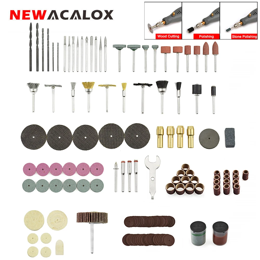 Набор абразивных принадлежностей NEWACALOX, 100/147 шт., набор инструментов, вращающийся инструмент, аксессуары для резки, полировки, гравировки, шлифовальной машины 
Набор абразивных принадлежностей NEWACALOX, 100/147 шт., набор инструментов, вращающийся инструмент, аксессуары для резки, полировки, гравировки, шлифовальной машины