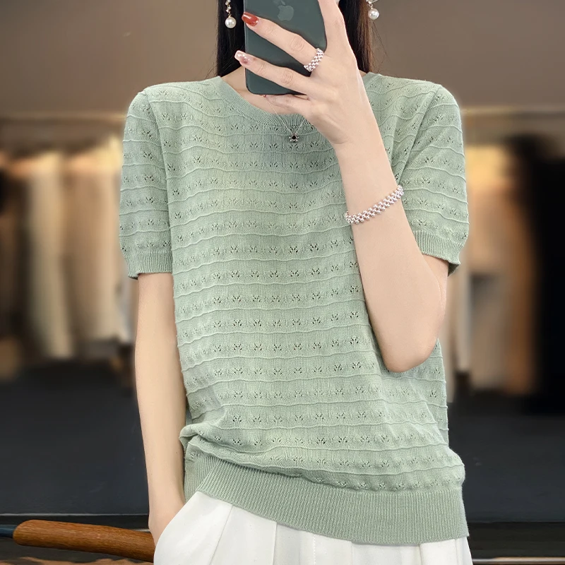 2023 Summer New 100% Cotton Knitted Short Sleeve Women's Thin Hollow Loose Large Size T-shirt Round Neck Solid Half Sleeve Top
2023 Summer New 100% Cotton Knitted Short Sleeve Women's Thin Hollow Loose Large Size T-shirt Round Neck Solid Half Sleeve Top
