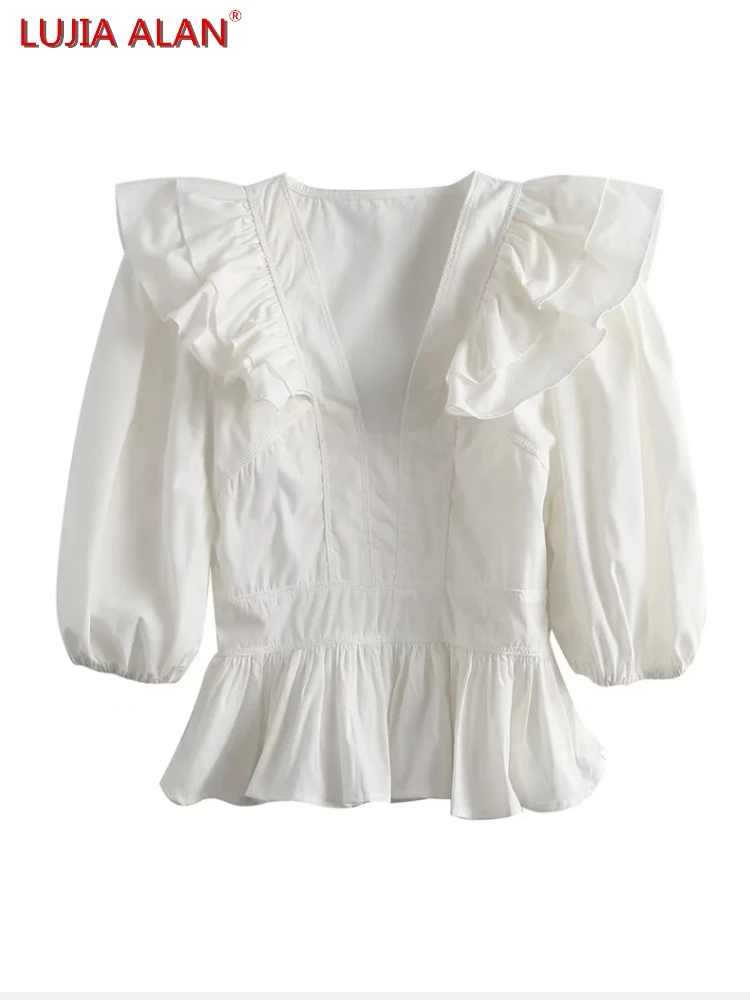 Women V-Neck Cascading Ruffle White Short Blouse Summer Female Lantern Sleeve Shirt Smock Loose Tops Blusas LUJIA ALAN B166
Women V-Neck Cascading Ruffle White Short Blouse Summer Female Lantern Sleeve Shirt Smock Loose Tops Blusas LUJIA ALAN B166