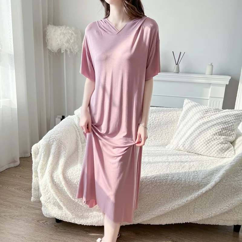 

Korean Cotton Long Hooded Short Fdfklak Modal New Sleeve Women's Casual Large Soft Nightdress Nightgowns Dress Size Nightwear